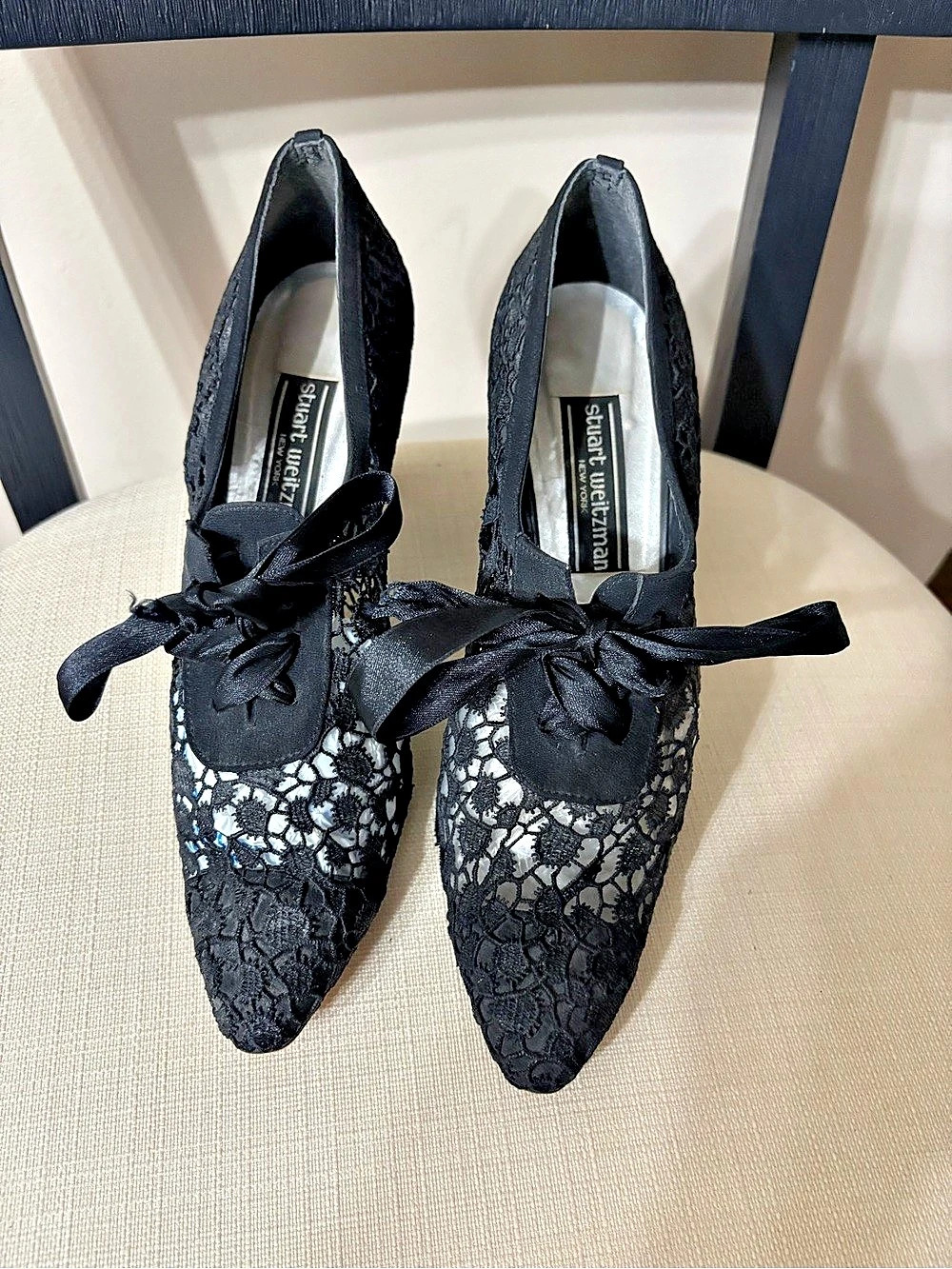 Stuart Weitzman Black Lace Pointed-Toe Heels